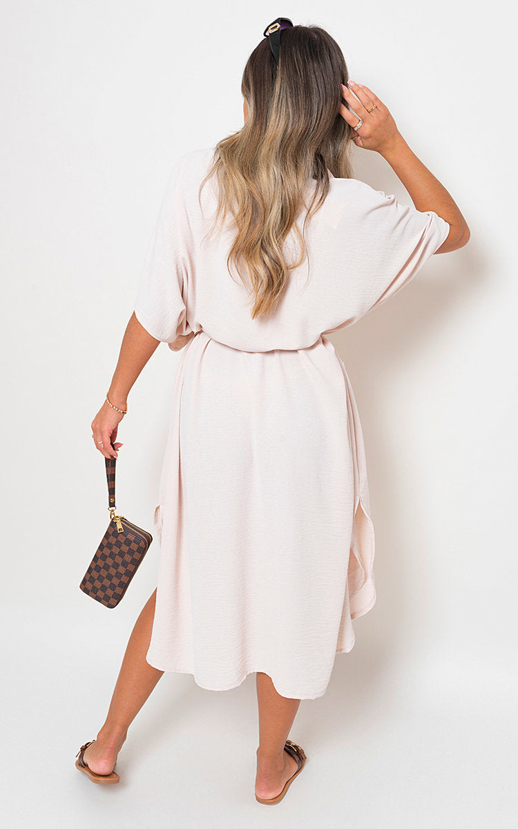 Button Down Collared Midi Dress with Two Front Pockets - Black River UK