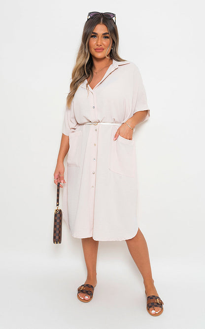 Button Down Collared Midi Dress with Two Front Pockets - Black River UK