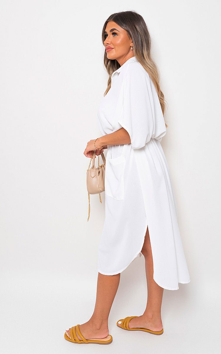 Button Down Collared Midi Dress with Two Front Pockets - Black River UK