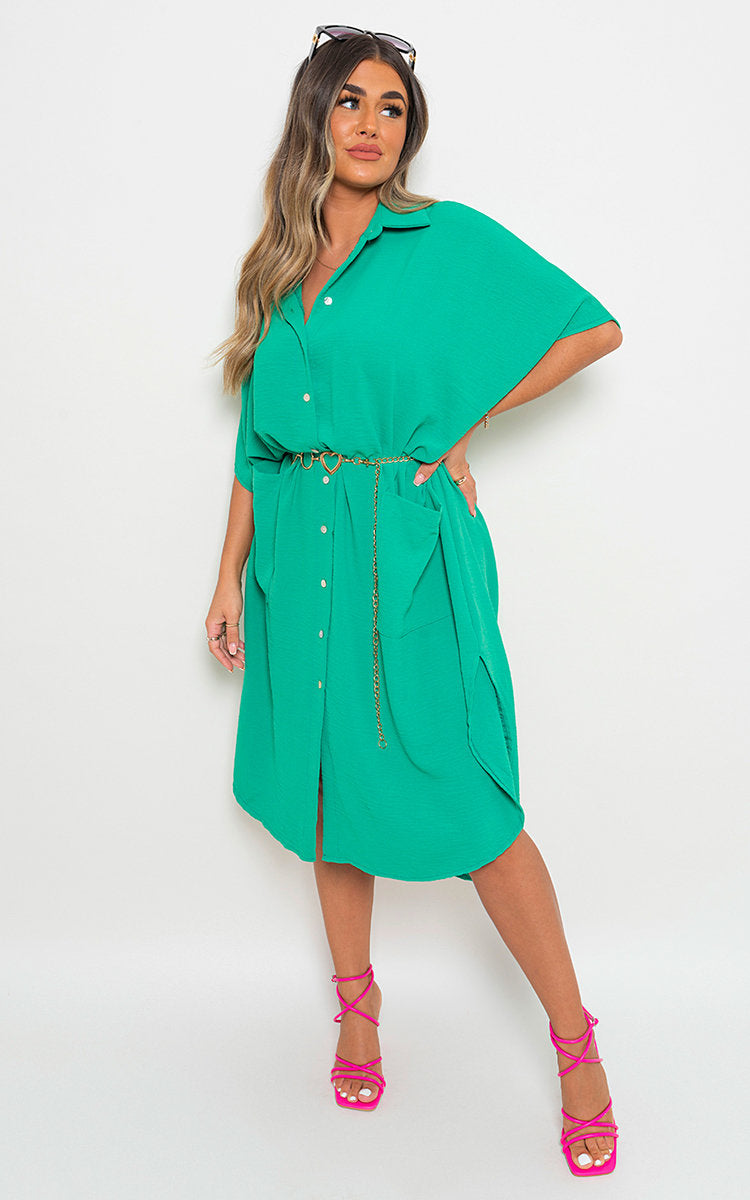 Button Down Collared Midi Dress with Two Front Pockets - Black River UK