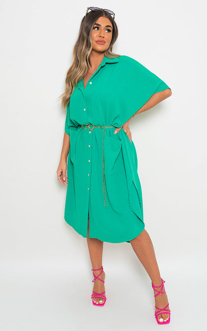 Button Down Collared Midi Dress with Two Front Pockets - Black River UK