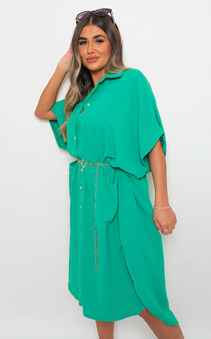 Button Down Collared Midi Dress with Two Front Pockets - Black River UK