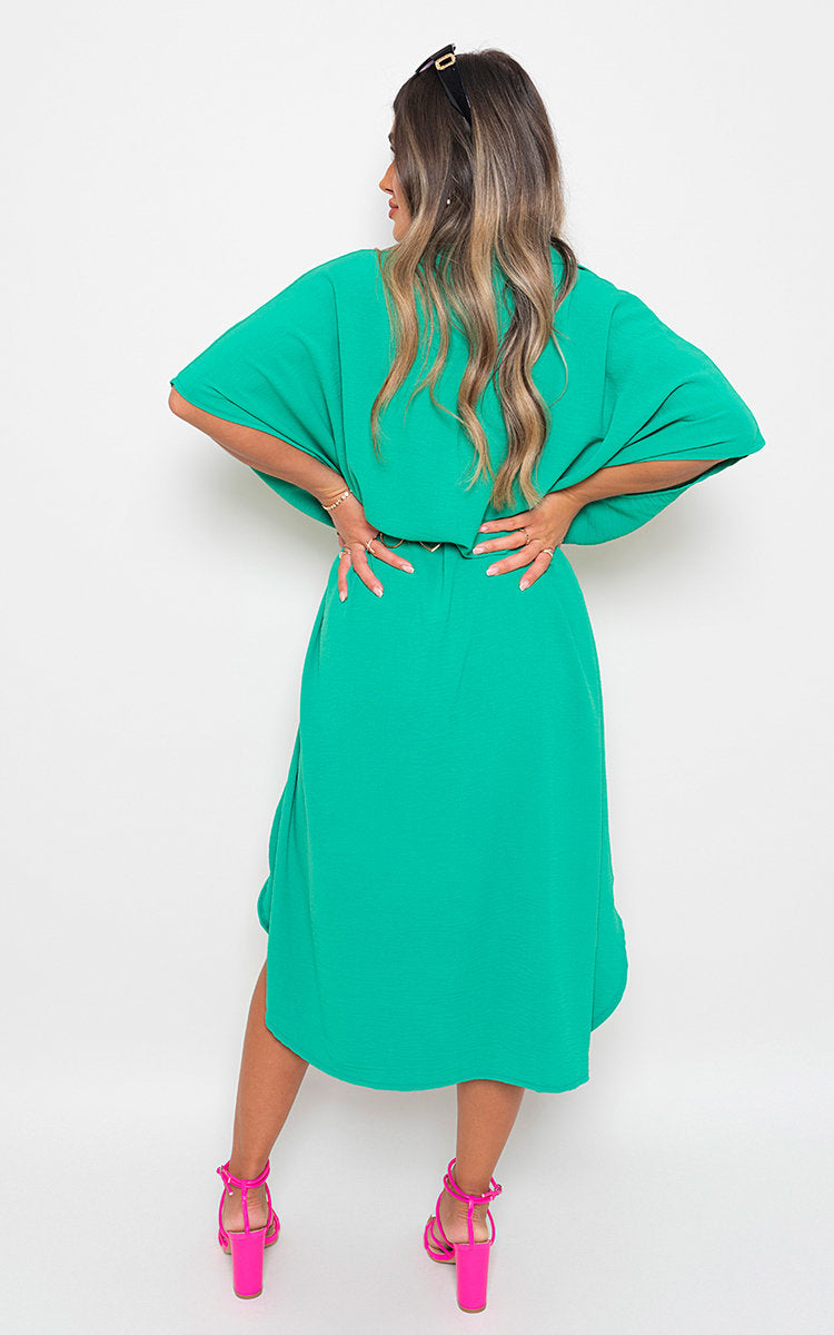 Button Down Collared Midi Dress with Two Front Pockets - Black River UK