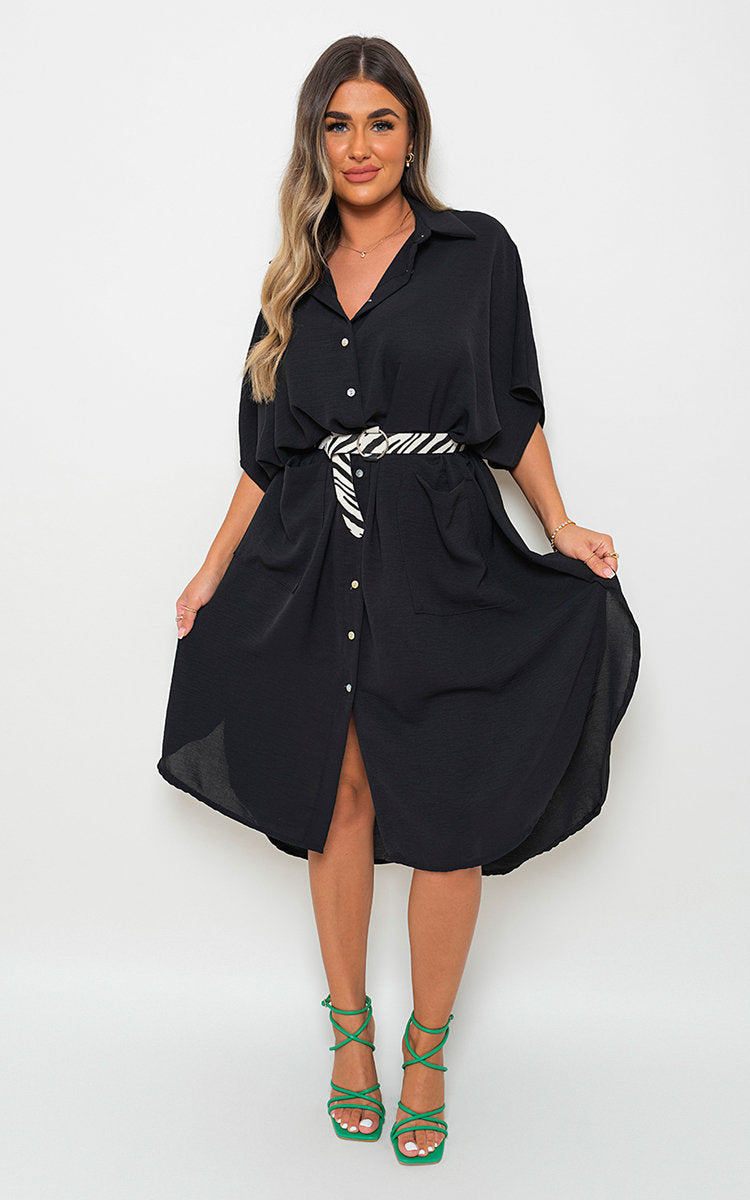 Button Down Collared Midi Dress with Two Front Pockets - Black River UK