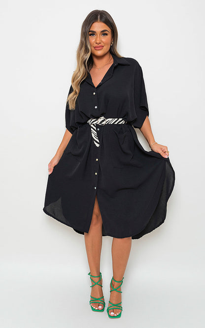 Button Down Collared Midi Dress with Two Front Pockets - Black River UK