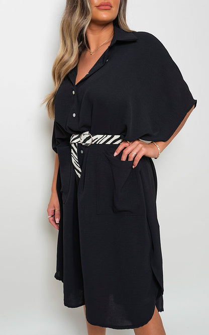 Button Down Collared Midi Dress with Two Front Pockets - Black River UK
