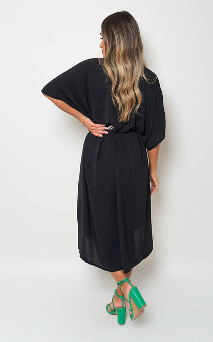 Button Down Collared Midi Dress with Two Front Pockets - Black River UK