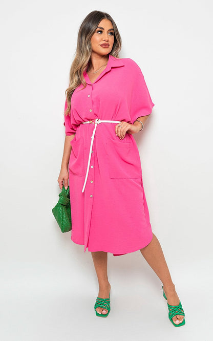 Button Down Collared Midi Dress with Two Front Pockets - Black River UK