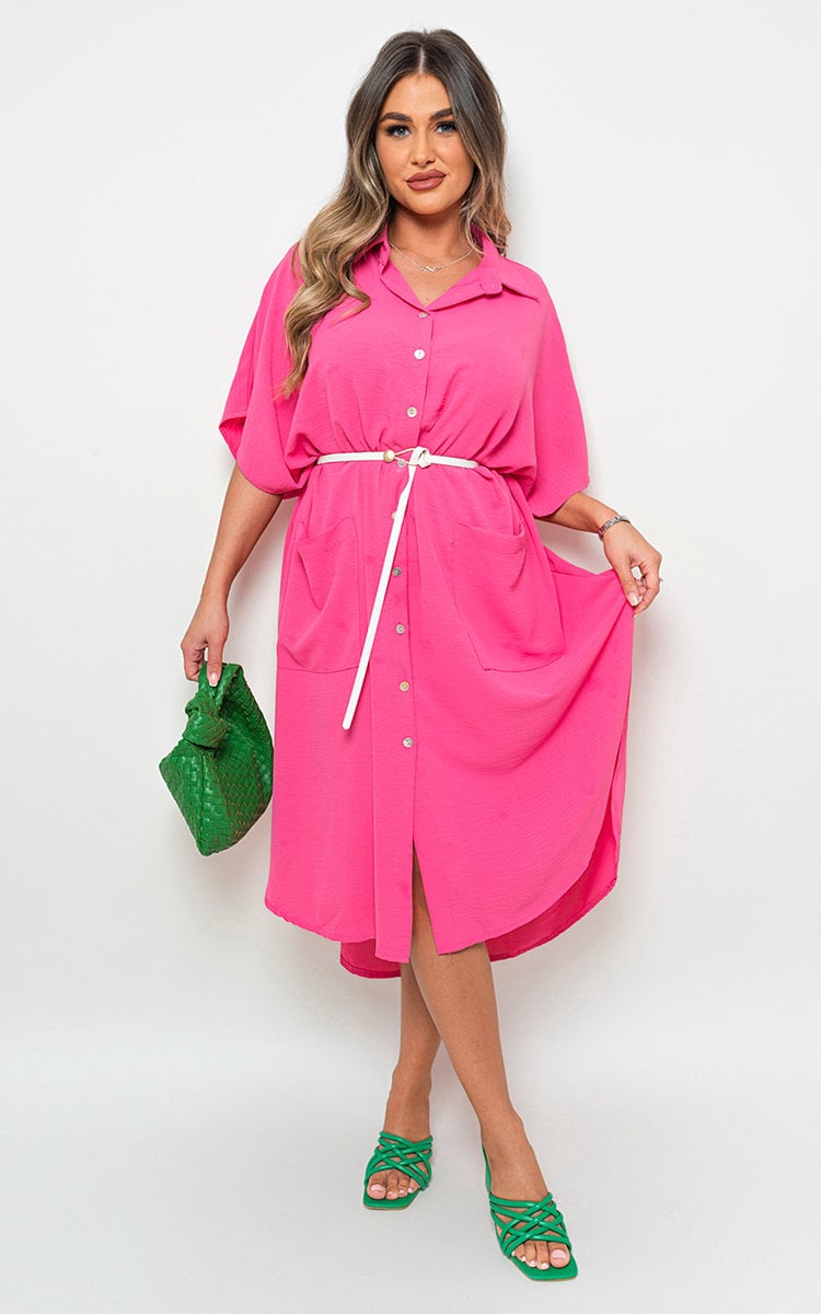 Button Down Collared Midi Dress with Two Front Pockets - Black River UK