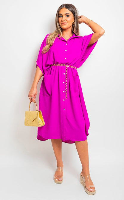 Button Down Collared Midi Dress with Two Front Pockets - Black River UK