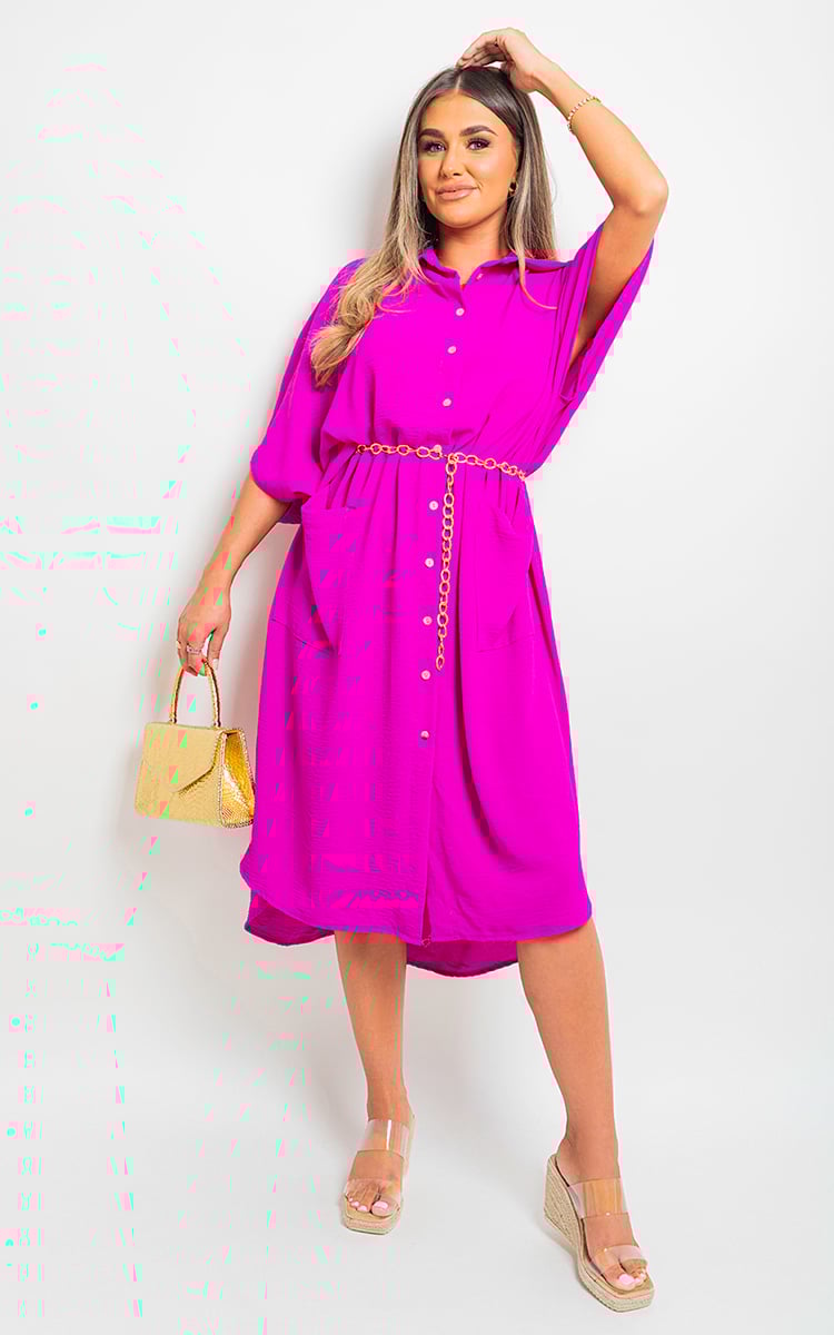 Button Down Collared Midi Dress with Two Front Pockets - Black River UK