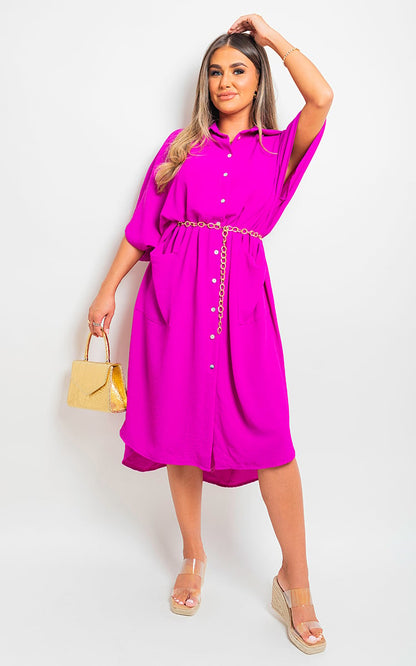 Button Down Collared Midi Dress with Two Front Pockets - Black River UK
