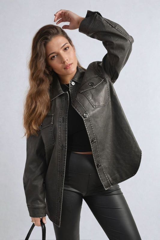 Button Front Pocket Detail Faux Leather Jacket - Black River UK