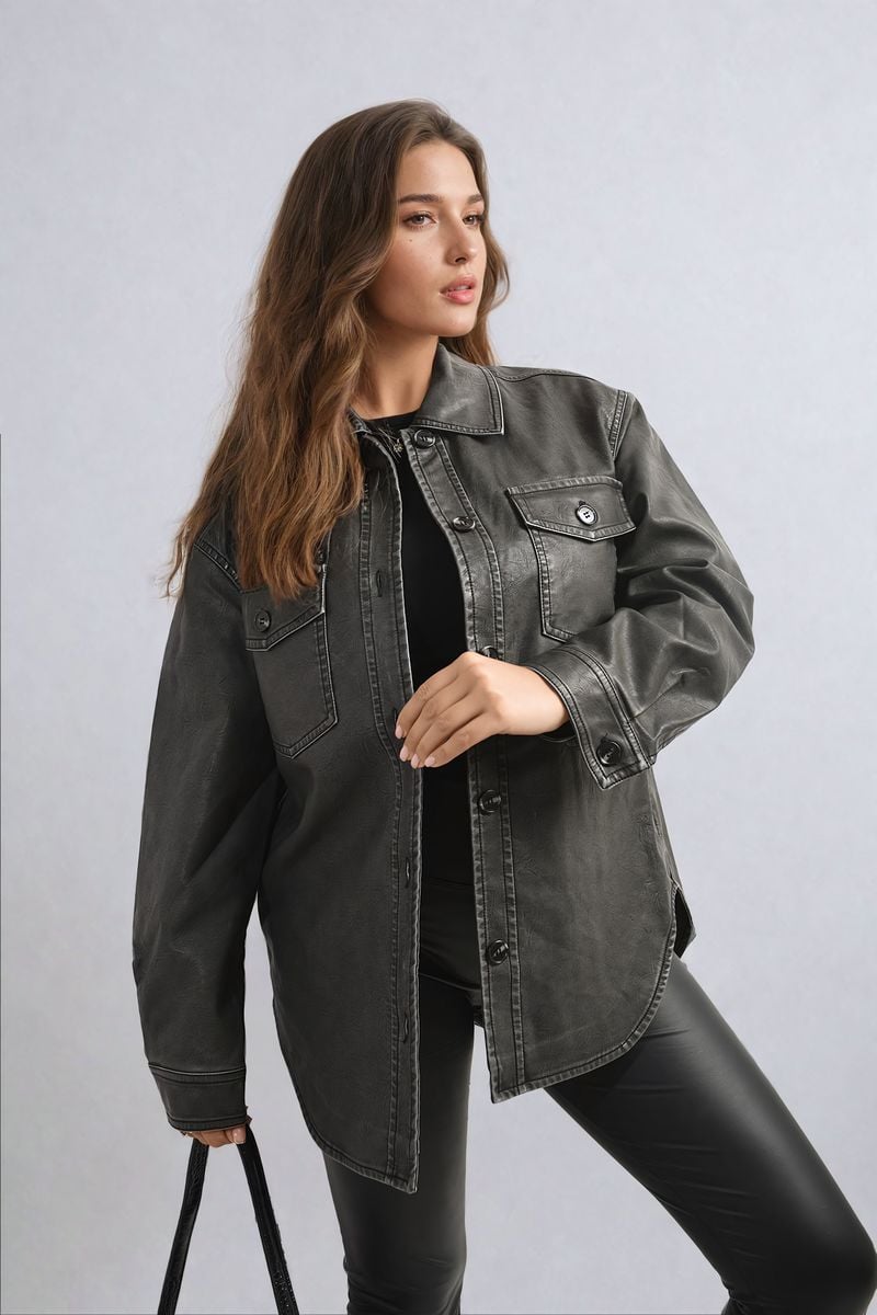 Button Front Pocket Detail Faux Leather Jacket - Black River UK