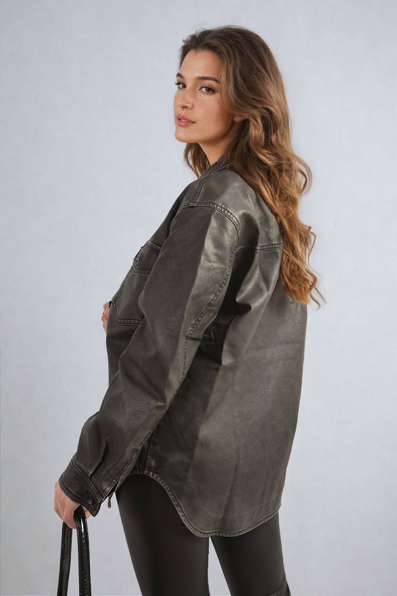 Button Front Pocket Detail Faux Leather Jacket - Black River UK