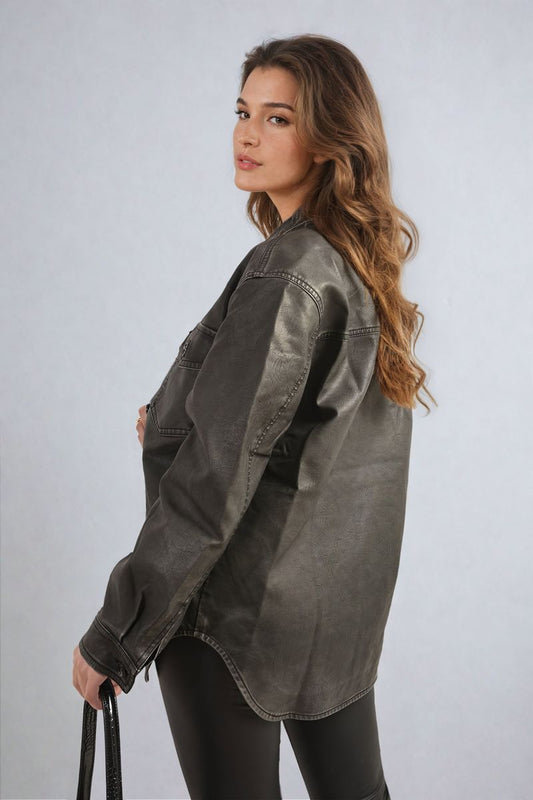 Button Front Pocket Detail Faux Leather Jacket - Black River UK