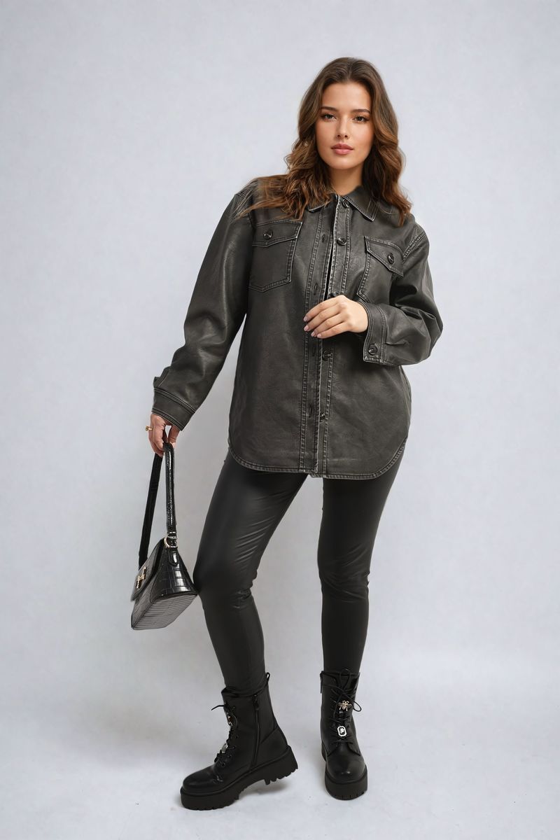 Button Front Pocket Detail Faux Leather Jacket - Black River UK