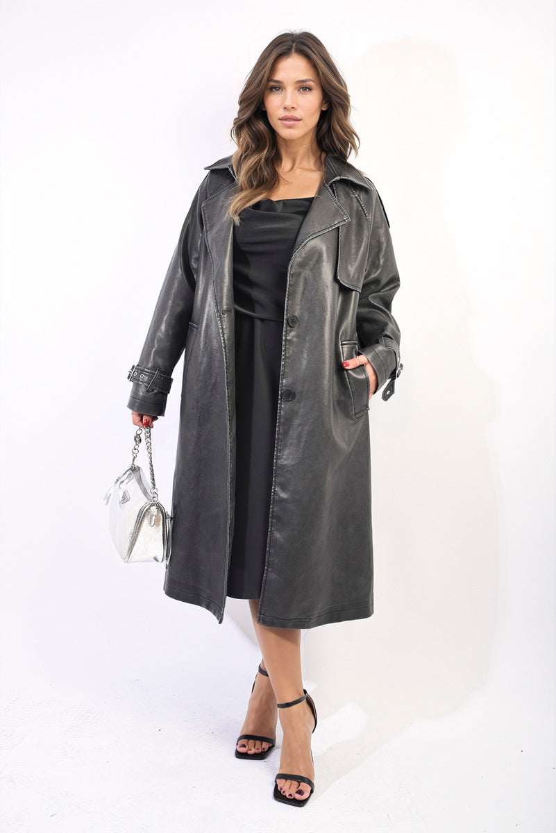 Lapel Neck Belted Trench Coat Jacket - Black River UK