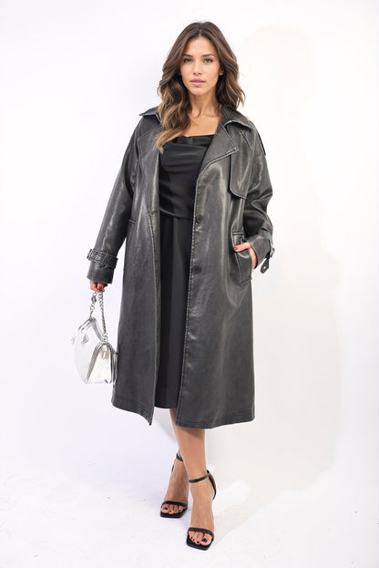 Lapel Neck Belted Trench Coat Jacket - Black River UK