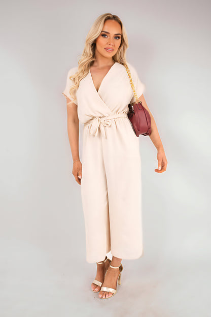 Wrap Short Sleeve Wide Leg Jumpsuit with Tie Waist - Black River UK