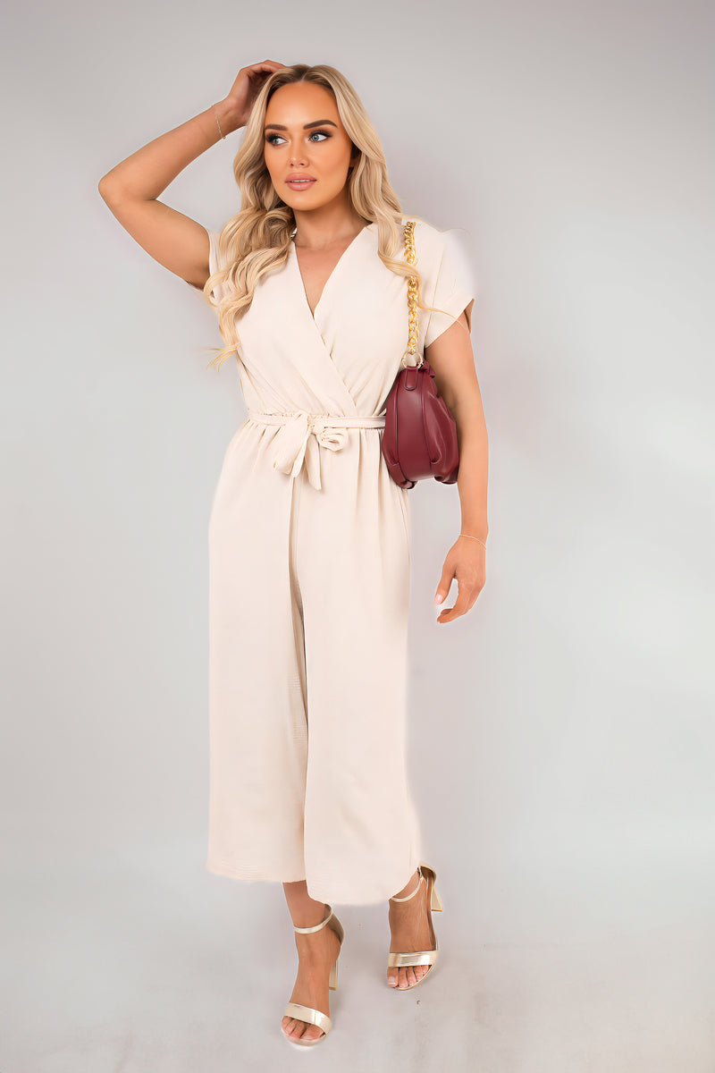 Wrap Short Sleeve Wide Leg Jumpsuit with Tie Waist - Black River UK