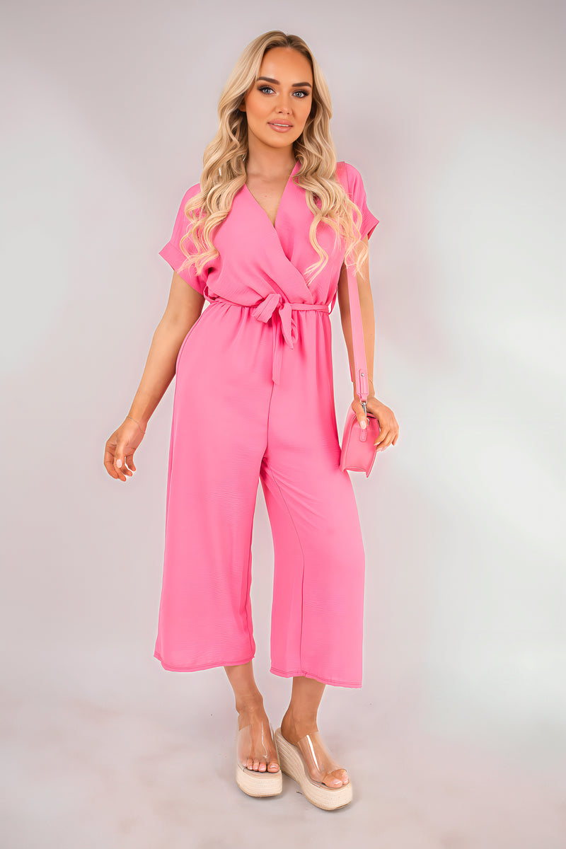 Wrap Short Sleeve Wide Leg Jumpsuit with Tie Waist - Black River UK