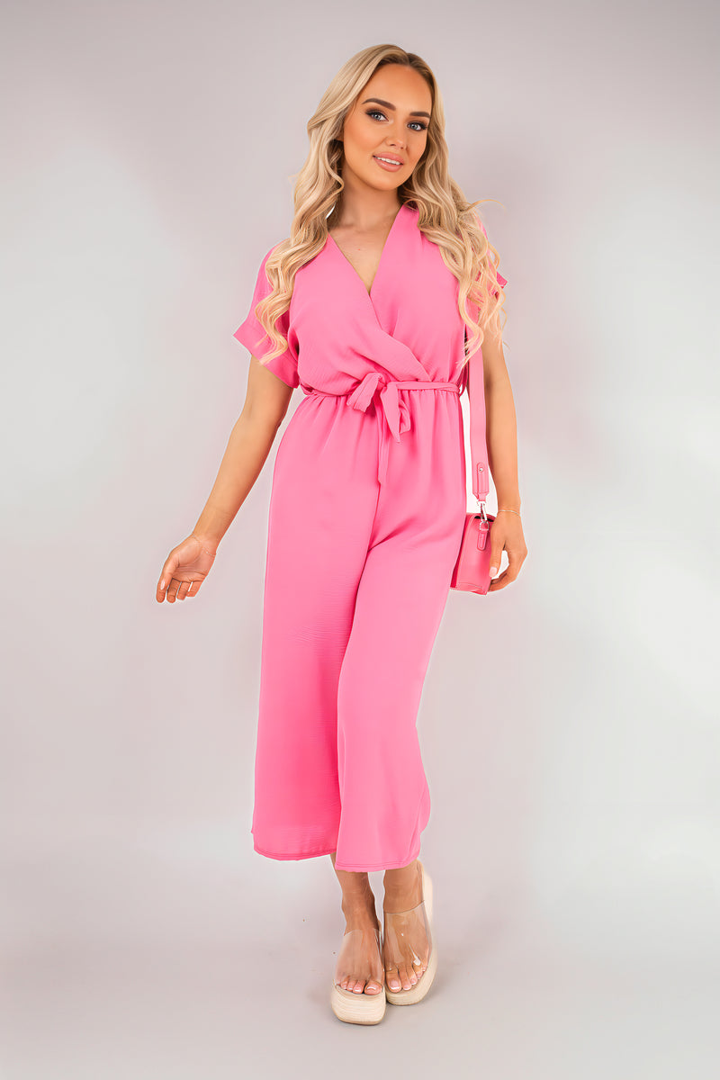 Wrap Short Sleeve Wide Leg Jumpsuit with Tie Waist - Black River UK