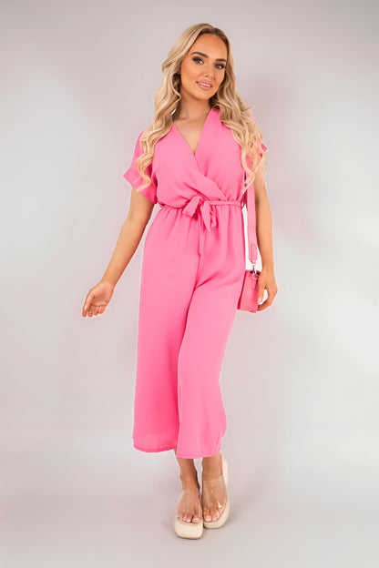 Wrap Short Sleeve Wide Leg Jumpsuit with Tie Waist - Black River UK