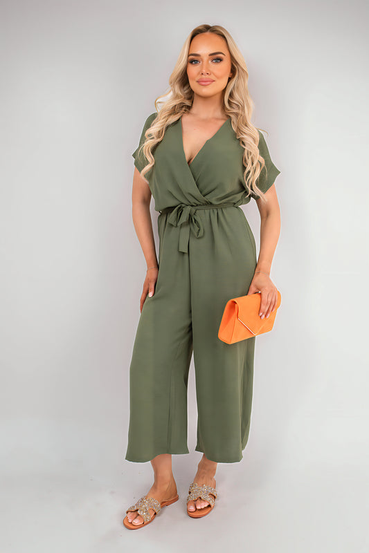Wrap Short Sleeve Wide Leg Jumpsuit with Tie Waist - Black River UK