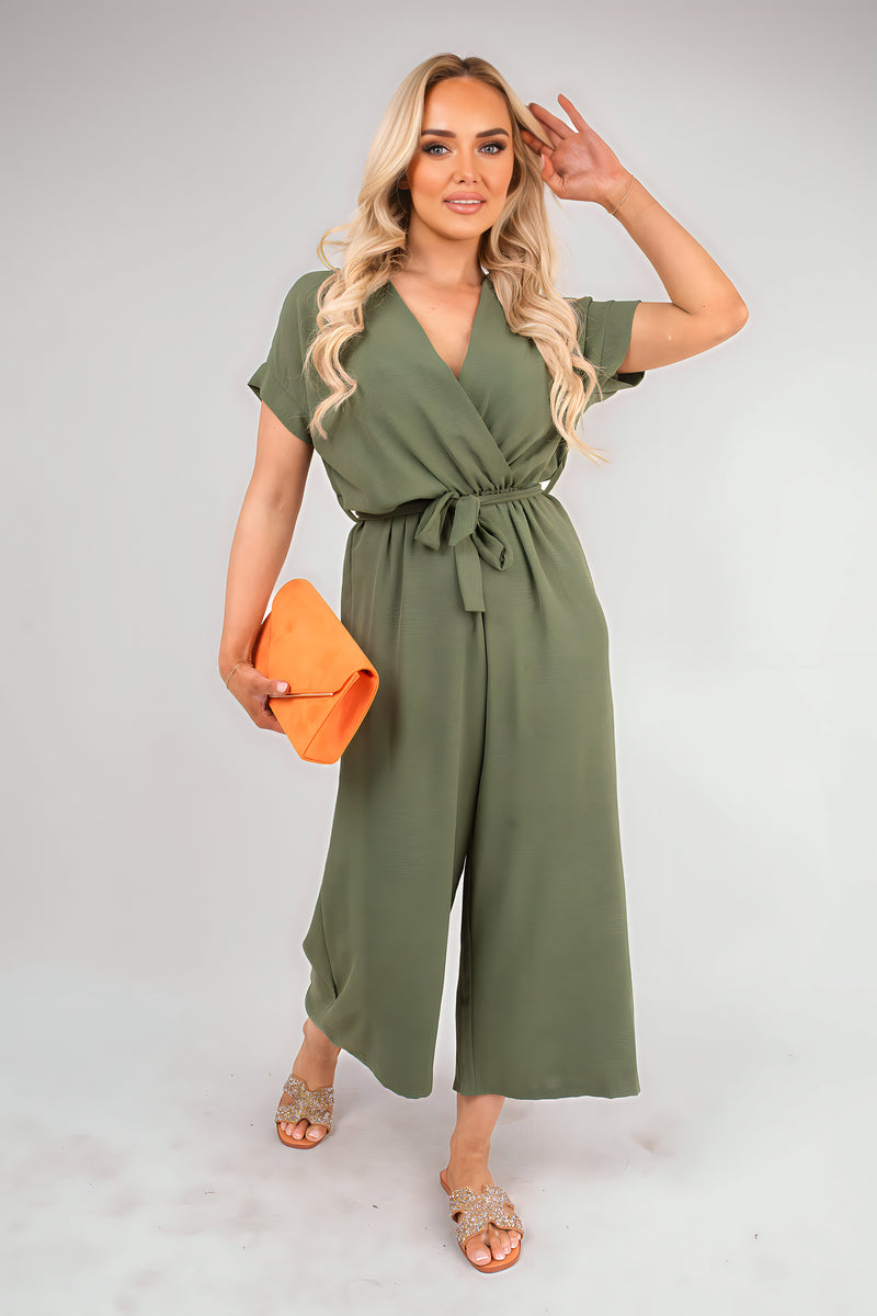 Wrap Short Sleeve Wide Leg Jumpsuit with Tie Waist - Black River UK