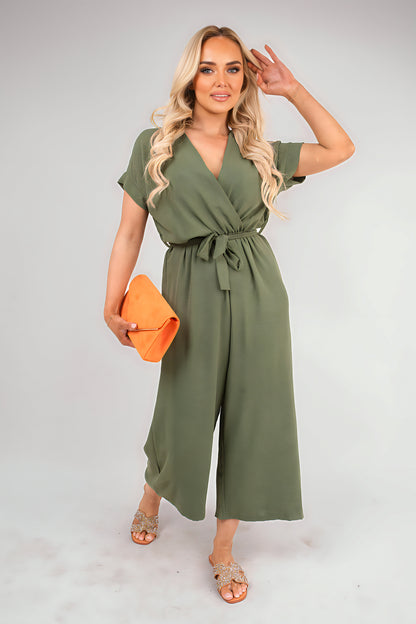 Wrap Short Sleeve Wide Leg Jumpsuit with Tie Waist - Black River UK