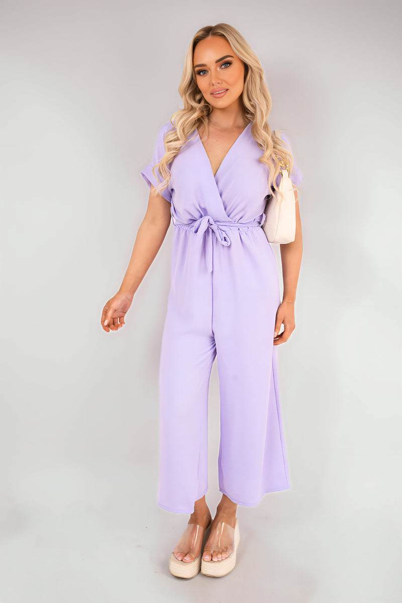 Wrap Short Sleeve Wide Leg Jumpsuit with Tie Waist - Black River UK