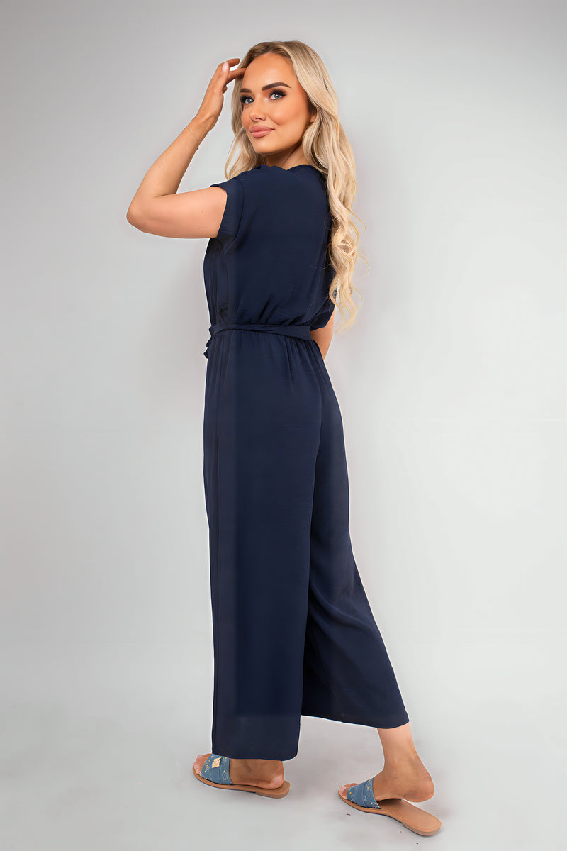 Wrap Short Sleeve Wide Leg Jumpsuit with Tie Waist - Black River UK