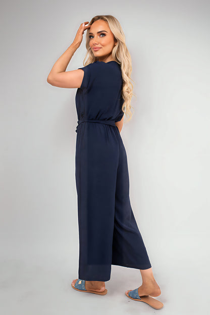 Wrap Short Sleeve Wide Leg Jumpsuit with Tie Waist - Black River UK