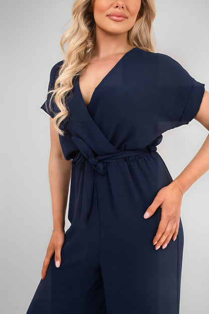 Wrap Short Sleeve Wide Leg Jumpsuit with Tie Waist - Black River UK