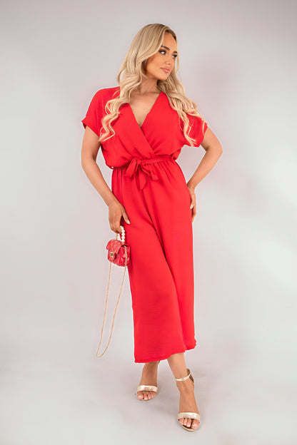 Wrap Short Sleeve Wide Leg Jumpsuit with Tie Waist - Black River UK