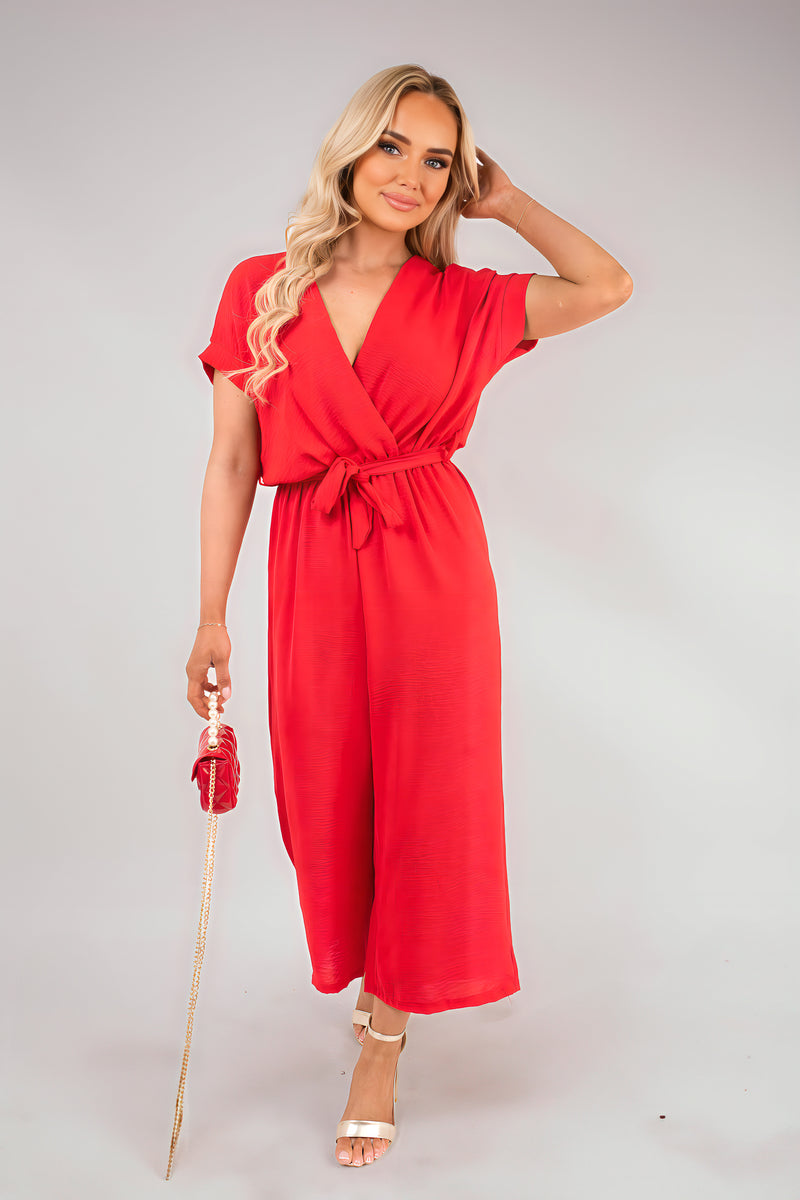 Wrap Short Sleeve Wide Leg Jumpsuit with Tie Waist - Black River UK