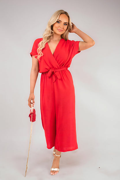 Wrap Short Sleeve Wide Leg Jumpsuit with Tie Waist - Black River UK
