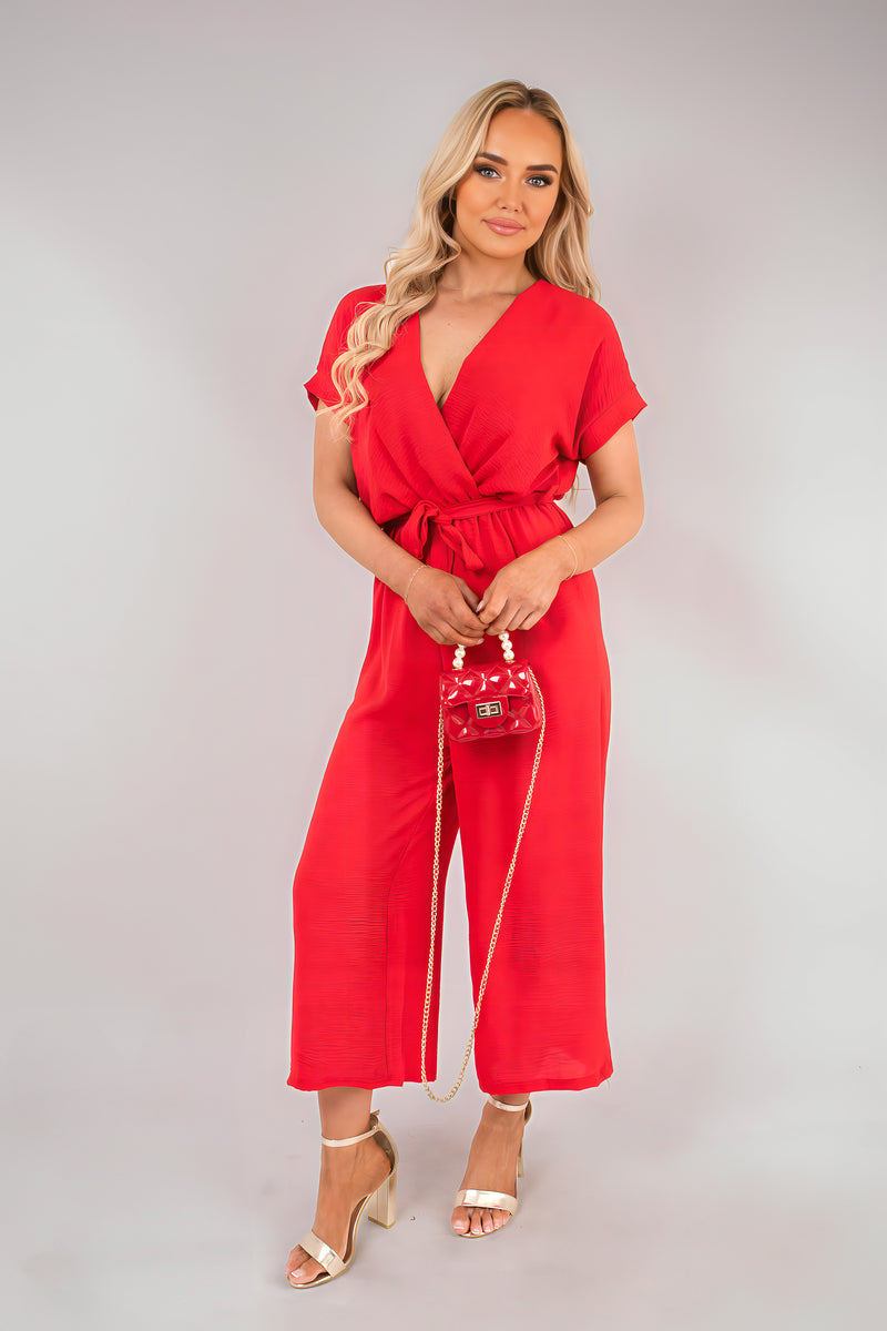 Wrap Short Sleeve Wide Leg Jumpsuit with Tie Waist - Black River UK