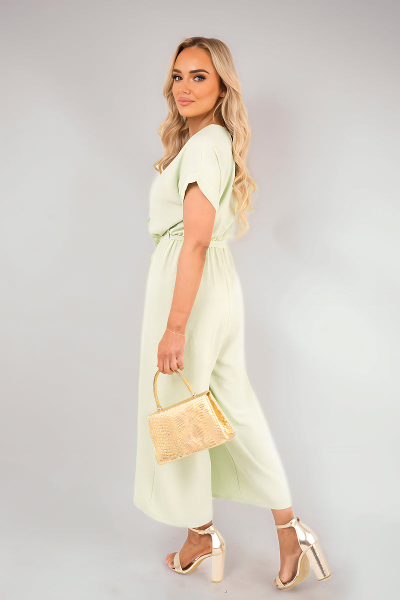 Wrap Short Sleeve Wide Leg Jumpsuit with Tie Waist - Black River UK