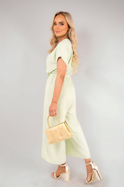 Wrap Short Sleeve Wide Leg Jumpsuit with Tie Waist - Black River UK