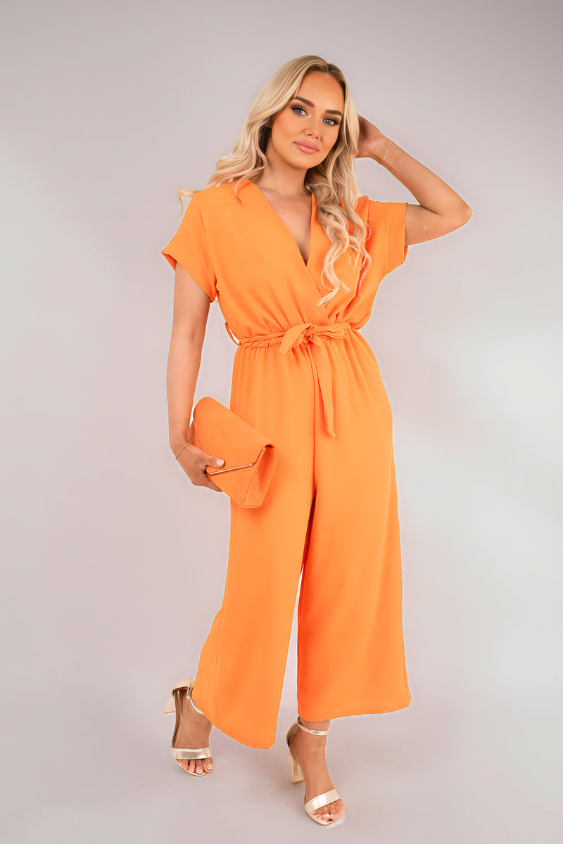 Wrap Short Sleeve Wide Leg Jumpsuit with Tie Waist - Black River UK