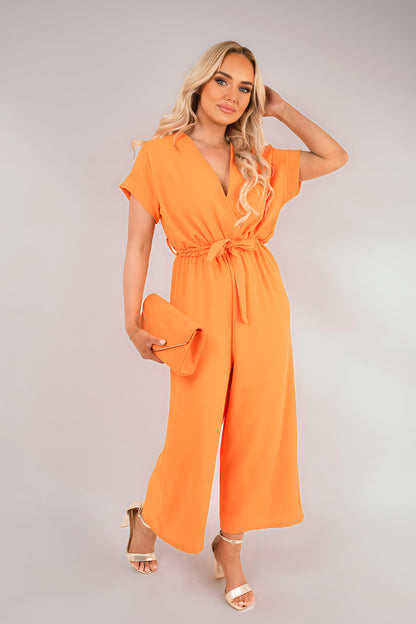 Wrap Short Sleeve Wide Leg Jumpsuit with Tie Waist - Black River UK