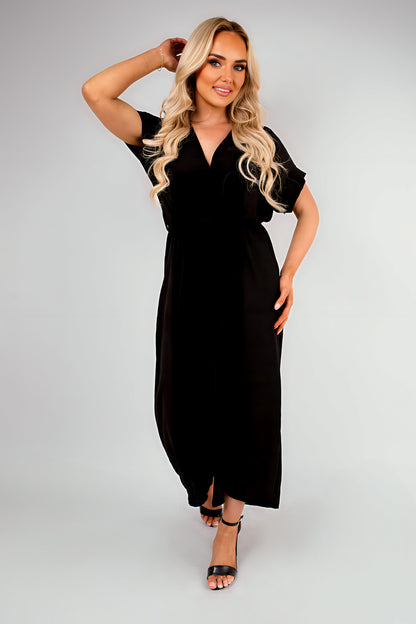 Wrap Short Sleeve Wide Leg Jumpsuit with Tie Waist - Black River UK