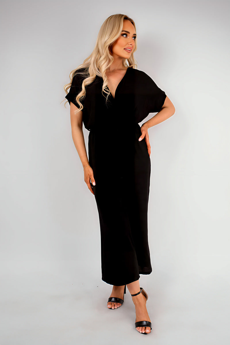 Wrap Short Sleeve Wide Leg Jumpsuit with Tie Waist - Black River UK