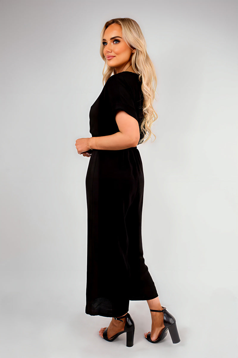 Wrap Short Sleeve Wide Leg Jumpsuit with Tie Waist - Black River UK