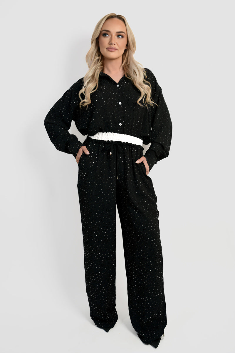 Button Down Embellished Long Sleeve Top - Black River UK