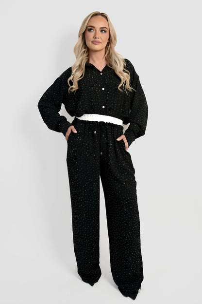 Button Down Embellished Long Sleeve Top - Black River UK