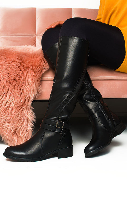 Faux Leather Buckle Knee High Boots - Black River UK
