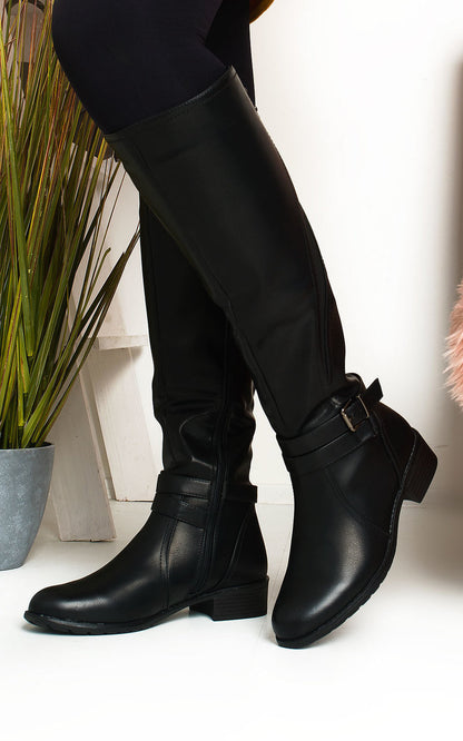 Faux Leather Buckle Knee High Boots - Black River UK